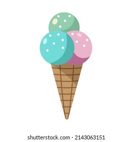 Multicolored scoops of ice cream in a waffle cone. vector illustration