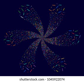 Multicolored Screwdriver rotation composition on a dark background. Vector abstraction. Suggestive flower done from randomized screwdriver items.