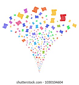 Multicolored Script Roll stream fountain. Object fountain organized from random script roll pictographs as fireworks. Vector illustration style is flat iconic symbols with psychedelic colors.