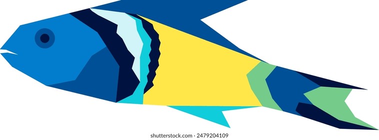 Multi-colored sea fish drawn with straight chopped lines. Aquarium fish in blue, green and yellow colors