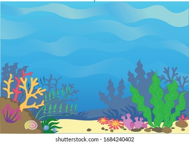 multi-colored sea sandy bottom with corals, algae and polyps