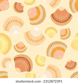 conchas de mar multicolores sobre la arena amarilla. La playa soleada de verano es perfecta. Fondo vectorial.