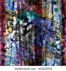 Multicolored seamless abstract background. Ovals, shapeless spots, curved strip, twisted wavy lines.