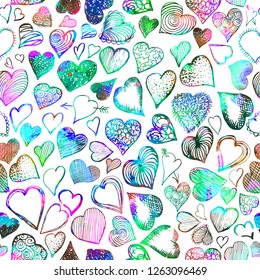 Multicolored seamless background with different hearts. Vector