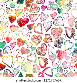 Multicolored seamless background with different hearts. Vector