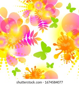 Multicolored seamless background of flowers with butterflies. Vector illustration