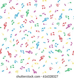 Multicolored seamless background with music notes for graphic design.