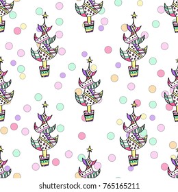 multicolored seamless Christmas pattern - varied Xmas trees and snowflakes. Winter forest illustration. Vector