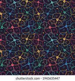 Multicolored seamless flowers on a dark blue background. Vector illustration. Background.