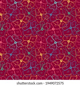 Flores multicolores sin costura sobre un fondo rojo oscuro. Ilustración vectorial. Antecedentes.