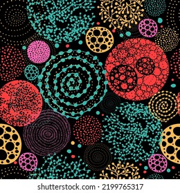 Multicolored seamless graphic background from different circles on a black background. Vector illustration