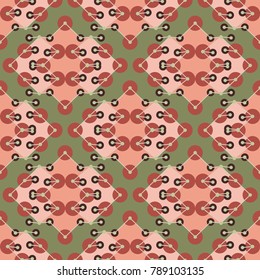 Multicolored seamless pattern with abstract geometric shapes. Soft pink and green colors.