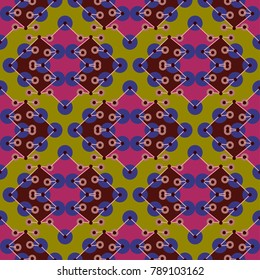 Multicolored seamless pattern with abstract geometric shapes. Green. lilac, pink colors.