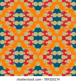 Multicolored seamless pattern with abstract geometric shapes.  Orange, red and blue colors.