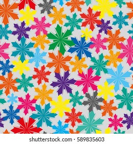 Multicolored seamless pattern with abstract geometrical flowers.