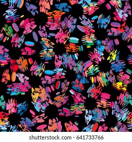 Multicolored seamless pattern with abstract geometrical shapes placed on black background.