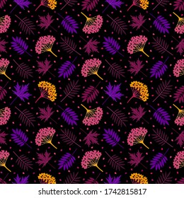 Patrón multicolor sin costuras con hojas de arándano de otoño, hojas de arce, bayas de viburno sobre fondo oscuro. Repetir el patrón botánico. Ilustración vectorial.