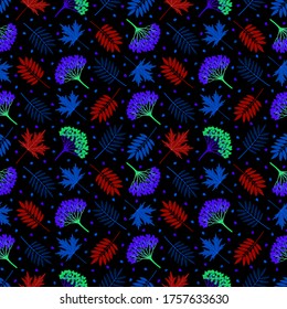 Patrón multicolor sin costuras con hojas de arándano de otoño, hojas de arce, bayas de viburno sobre fondo oscuro. Repetir el patrón botánico. Ilustración vectorial.