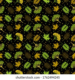 Patrón multicolor sin costuras con hojas de arándano de otoño, hojas de arce, bayas de viburno sobre fondo oscuro. Repetir el patrón botánico. Ilustración vectorial.