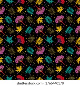 Multicolored seamless pattern with autumn ashberry leaves, maple leaves, viburnum berries on dark background. Repeat botanical pattern. Vector illustration.