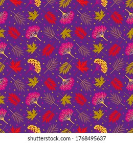 Multicolored seamless pattern with autumn ashberry leaves, maple leaves, viburnum berries on dark background. Repeat botanical pattern. Vector illustration.