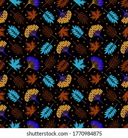 Multicolored seamless pattern with autumn ashberry leaves, maple leaves, viburnum berries on dark background. Repeat botanical pattern. Vector illustration.