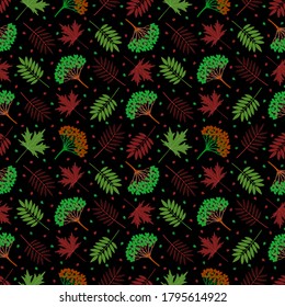 Patrón multicolor sin costuras con hojas de arándano de otoño, hojas de arce, bayas de viburno sobre fondo oscuro. Repetir el patrón botánico. Ilustración vectorial.