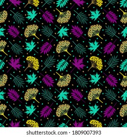 Patrón multicolor sin costuras con hojas de arándano de otoño, hojas de arce, bayas de viburno sobre fondo oscuro. Repetir el patrón botánico. Ilustración vectorial.