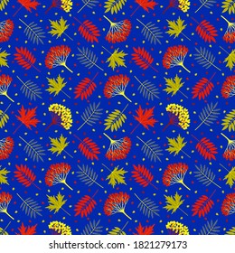 Multicolored seamless pattern with autumn ashberry leaves, maple leaves, viburnum berries on dark background. Repeat botanical pattern. Vector illustration.
