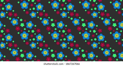 Multicolored seamless pattern with bright diagonal floral waves on dark background. Repeat abstract botanical pattern. Vector illustration.