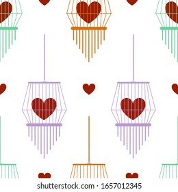 Multicolored seamless pattern with cages and hearts