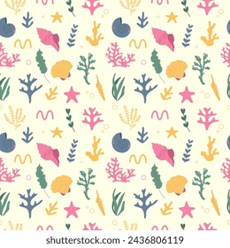 Multicolored seamless pattern of cute marine flora on a light background. Vector illustration