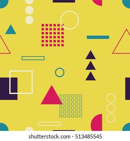 Multicolored seamless pattern with different figures. Vector abstract chaotic texture with geometrical shapes.