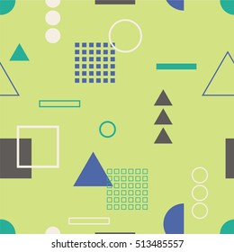 Multicolored seamless pattern with different figures. Vector abstract chaotic texture with geometrical shapes.