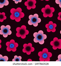 Multicolored seamless pattern with flowers on dark background. Repeat abstract botanical pattern. Vector illustration.