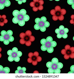 Multicolored seamless pattern with flowers on dark background. Repeat abstract botanical pattern. Vector illustration.