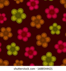 Patrón transparente multicolor con flores sobre fondo oscuro. Repetir el patrón botánico abstracto. Ilustración vectorial.