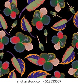 Multicolored seamless pattern with flowers on black background. Floral watercolor seamless pattern. Multicolor vector textile print for bed linen, jacket, package design, fabric and fashion concepts.