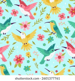 Multicolored seamless pattern with hummingbirds and flowers. Vector graphics.