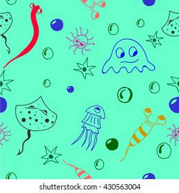 Multicolored seamless pattern including funny sea creatures