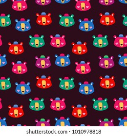 Multicolored seamless pattern. Loving bears in hats. Hearts on the cheeks. Dark brown background.