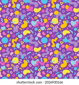 Multi-colored seamless pattern in the Memphis style, purple background, eps 8