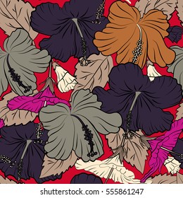 Multicolored seamless pattern on a red background. Hibiscus flowers, leaves and buds.