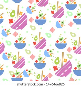Multi-colored seamless pattern with poke bowl.

