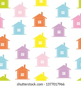 Multicolored seamless pattern. Rural log house. Background for a site about the construction of wood, architecture, real estate. Vector illustration.