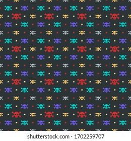 Multicolored seamless pattern with skull and crossbones. Jolly Roger. Image for wrapping paper, fabric, dress, t-shirt, bag. Flat design
