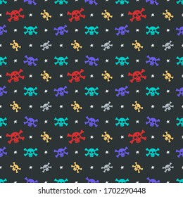 Multicolored seamless pattern with skull and crossbones. Jolly Roger. Image for wrapping paper, fabric, dress, t-shirt, bag. Flat design
