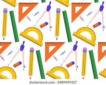 Multicolored seamless pattern of stationery accessories. Background from set of ruler, compass, pencil and eraser