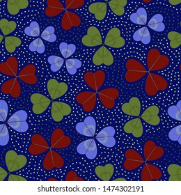 Multicolored seamless pattern with three-leaf clover. Repeat abstract botanical pattern. Vector illustration.