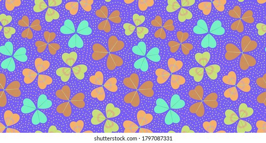 Multicolored seamless pattern with three-leaf clover. Repeat abstract botanical pattern. Vector illustration.